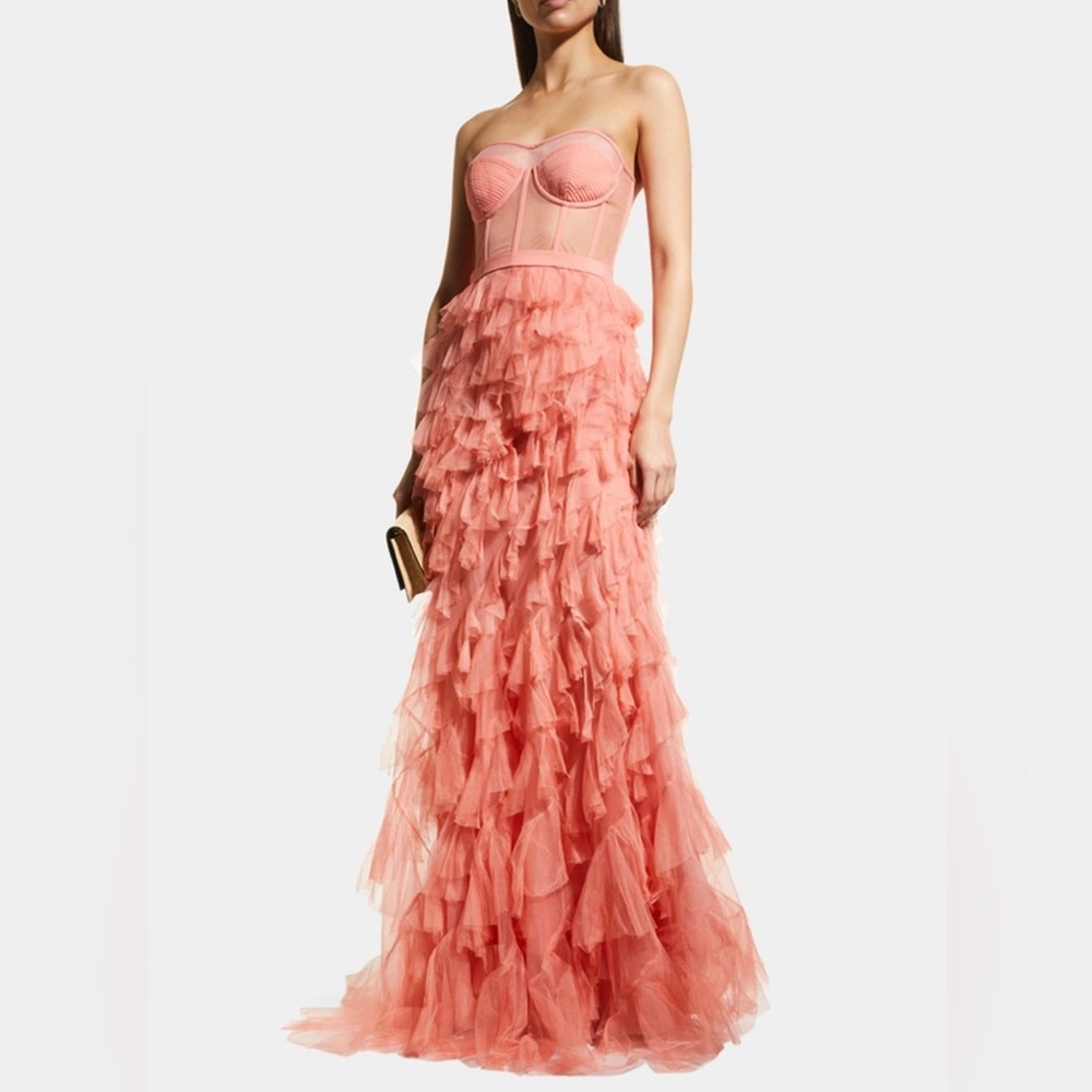 Alexander Mcqueen Mesh Corset Ruffle Strapless Gown Corset Dress
